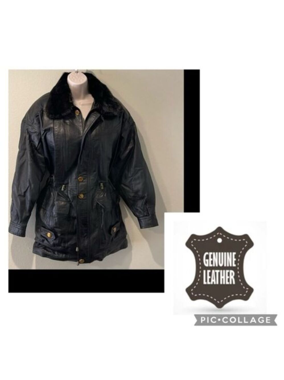 T& F Top Fashion black leather and real fur collar jacket, 36